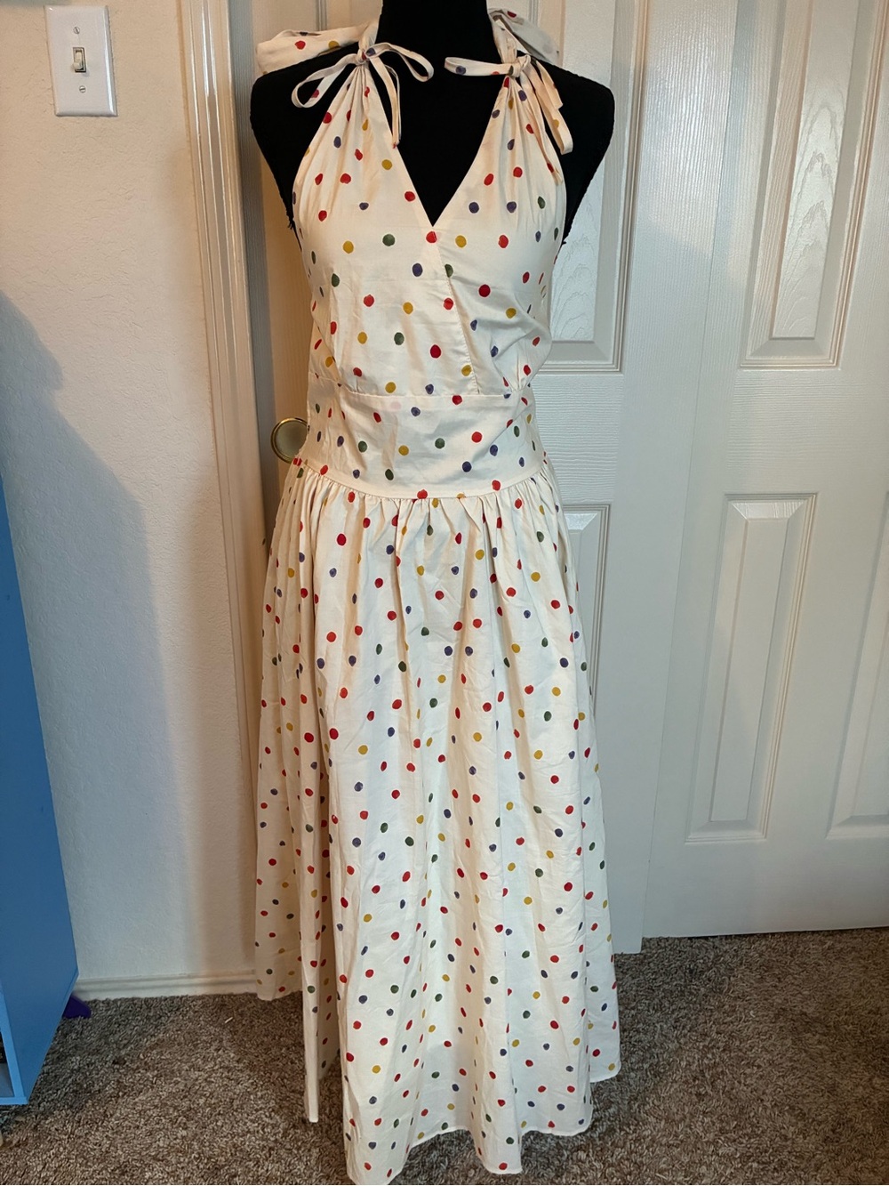 Cream Halter Maxi Dress with Multicolor Polka Dots